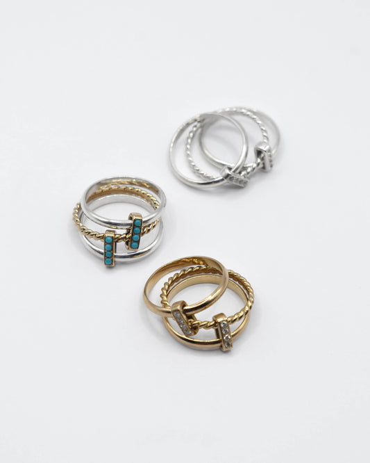 BAGUE LASSO - Or jaune, Argent, Turquoises