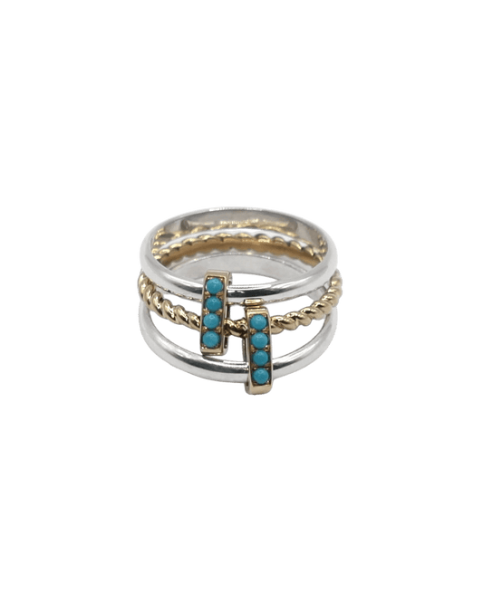 BAGUE LASSO - Or jaune, Argent, Turquoises